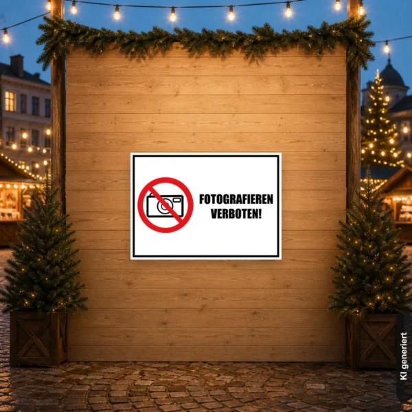 KI-generiertes Anwendungsbeispiel: Fotografieren verboten Schild als Querformat-Schild mit rotem Symbol und schwarzem Text für Eingänge.