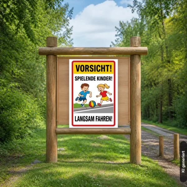 KI-generiertes Anwendungsbeispiel: Warnschild mit spielenden Kindern und Ball als Hinweis für langsames Fahren an einer Einfahrt.