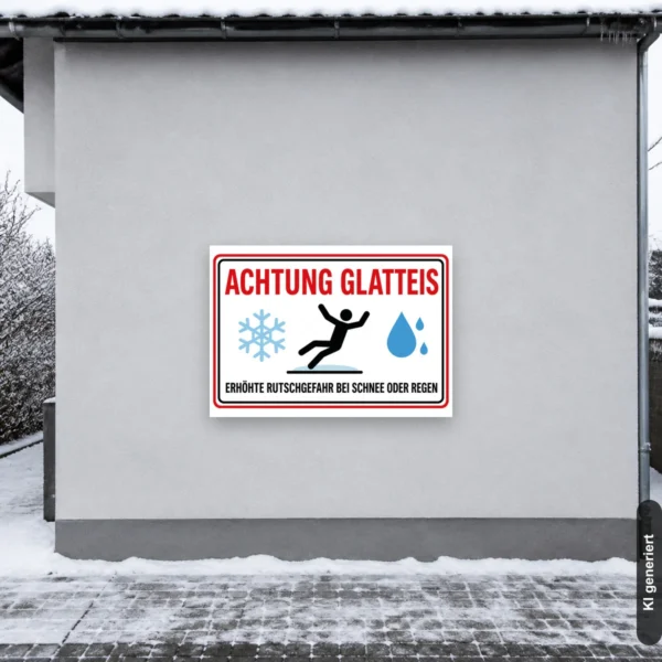 KI-generiertes Anwendungsbeispiel: Warnschild „Achtung Glatteis“ als Hinweis an einem nassen Außeneingang mit Rutschgefahr.