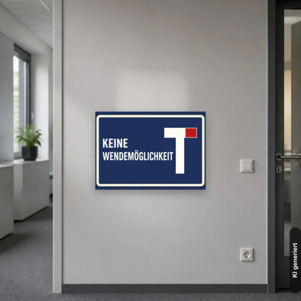 KI-generiertes Anwendungsbeispiel: Querformatiges Parkplatzschild „KEINE WENDEMÖGLICHKEIT“ an einer engen Zufahrt mit blauem Hintergrund.