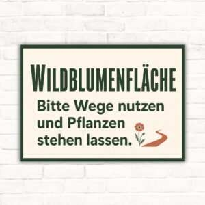 Wildblumenfläche Schild mit Text „Bitte Wege nutzen und Pflanzen stehen lassen“ und Blühwiesen-Motiv im Querformat.