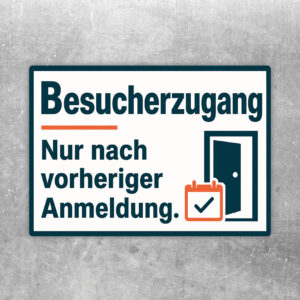 Besucherzugang Aufkleber nur nach vorheriger Anmeldung mit blauem Text und Empfangsillustration im Querformat.