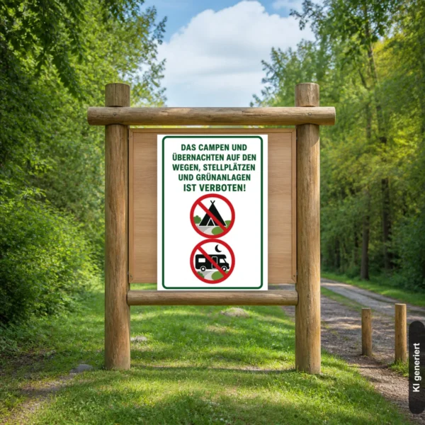 KI-generiertes Anwendungsbeispiel: Hochformatiges Verbotsschild mit der Aufschrift „Das Campen und Übernachten auf den Wegen, Stellplätzen und Grünanlagen ist verboten!“.