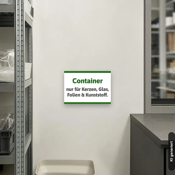 KI-generiertes Anwendungsbeispiel für Container nur für Kerzen, Glas, Folien & Kunststoff – Hinweisschild: Schild klein und realistisch am passenden Einsatzort dargestellt.