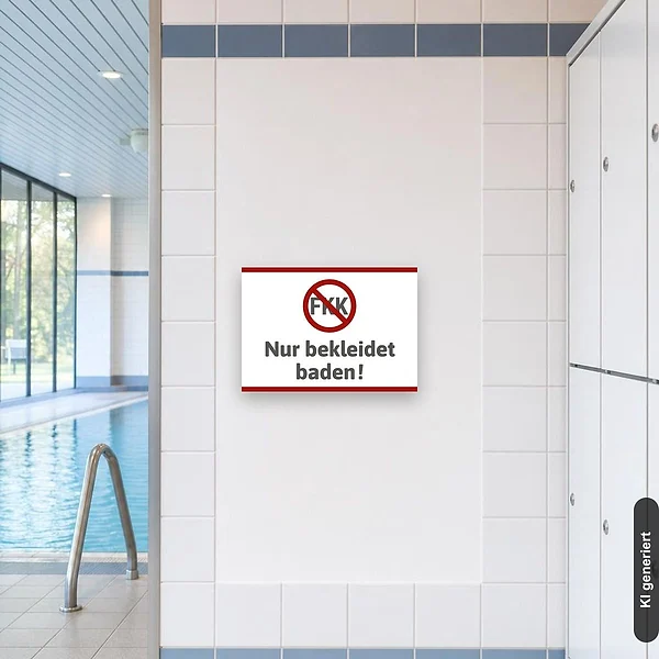 KI-generiertes Anwendungsbeispiel für Schild Nur bekleidet baden: Schild klein und realistisch am passenden Einsatzort dargestellt.