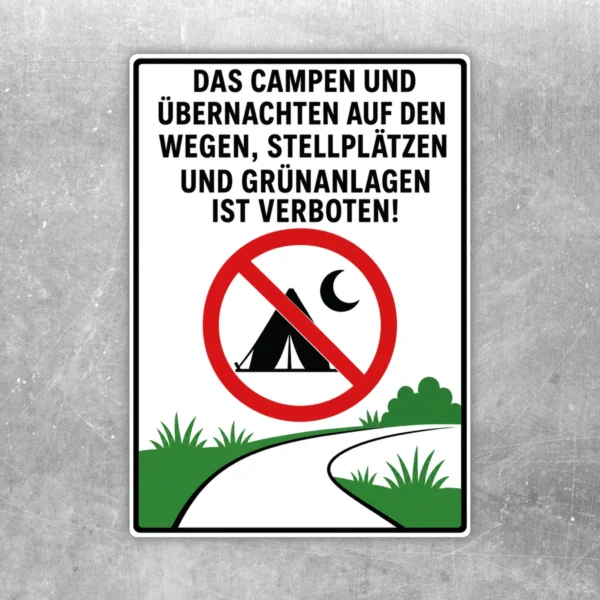 Camping und Übernachten verboten Aufkleber mit rotem Verbotssymbol, Zeltgrafik und grünen Landschaftselementen auf weißem Hintergrund.