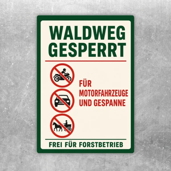 Waldweg gesperrt Aufkleber in Grün, Rot und Weiß mit Verbotssymbolen für den Forstbetrieb