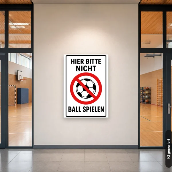 KI-generiertes Anwendungsbeispiel: Hier bitte nicht Ball spielen Schild am Zaun einer Wohnanlage als klarer Hinweis für den Eingangsbereich.