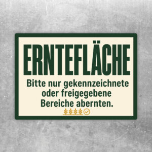 Erntefläche Aufkleber im Querformat mit Gemüsebeeten und Hinweis, nur gekennzeichnete Bereiche abzuernten.