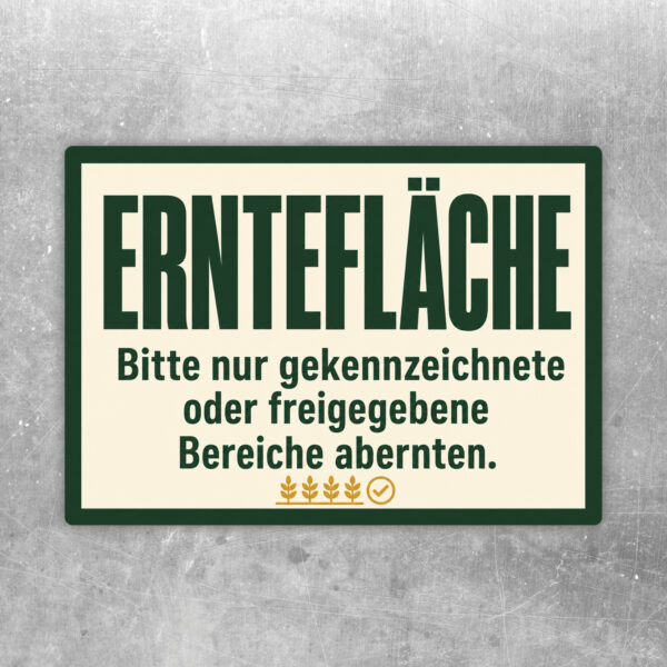 Erntefläche Aufkleber im Querformat mit Gemüsebeeten und Hinweis, nur gekennzeichnete Bereiche abzuernten.