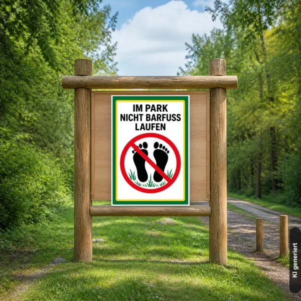 KI-generiertes Anwendungsbeispiel: Im Park nicht barfuß laufen Schild am passenden Einsatzort mit gut sichtbarem Motiv und klarer Beschriftung.