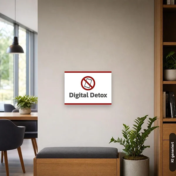 KI-generiertes Anwendungsbeispiel für Schild Digital Detox: Schild klein und realistisch am passenden Einsatzort dargestellt.