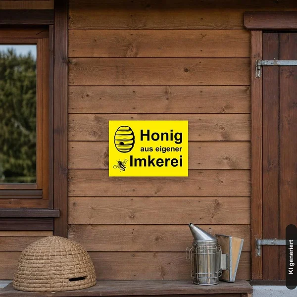 KI-generiertes Anwendungsbeispiel für Schild Honig aus eigener Imkerei: Schild klein und realistisch am passenden Einsatzort dargestellt.