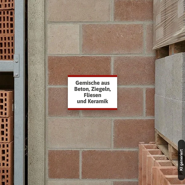 KI-generiertes Anwendungsbeispiel für Hinweisschild Gemische aus Beton, Ziegeln, Fliesen und Keramik: Schild klein und realistisch am passenden Einsatzort dargestellt.