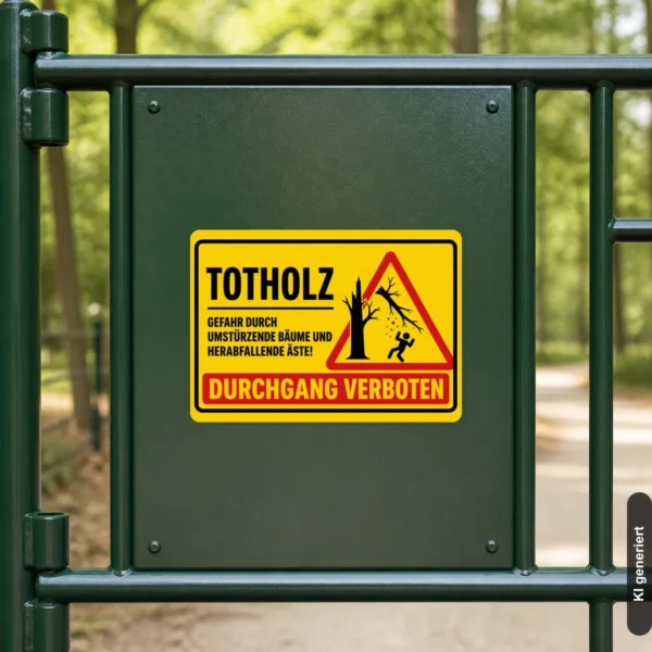 KI-generiertes Anwendungsbeispiel: Totholz Durchgang verboten Aufkleber auf einer gesperrten Zugangstür im Forstbereich mit Warnsymbol.
