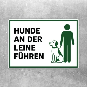 Hunde an der Leine führen Aufkleber mit Text und grünem Piktogramm von Person und Hund im Querformat.