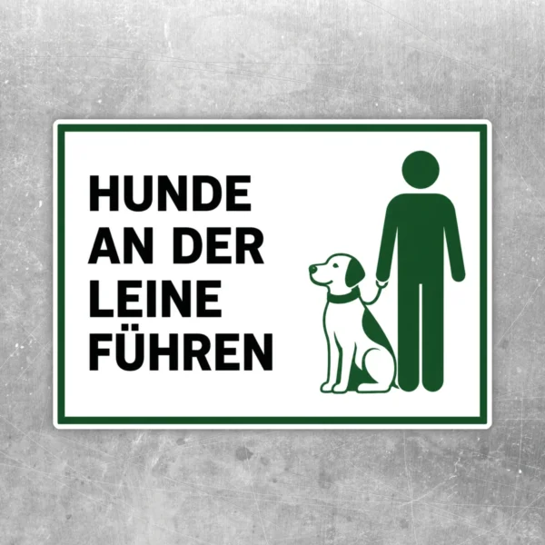 Hunde an der Leine führen Aufkleber mit Text und grünem Piktogramm von Person und Hund im Querformat.