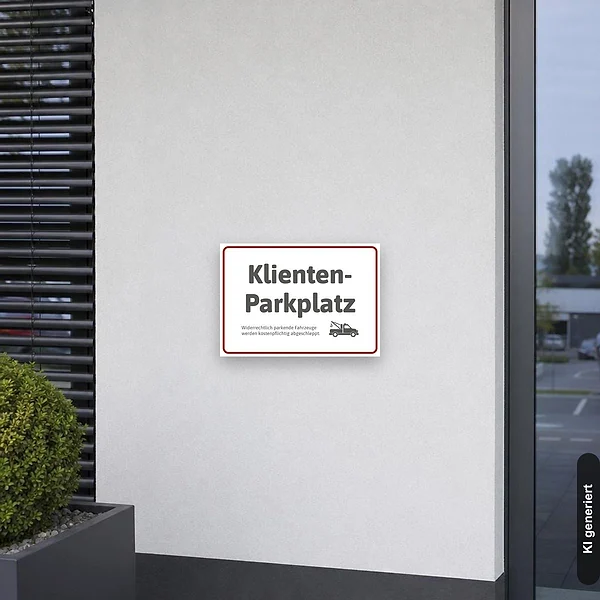 KI-generiertes Anwendungsbeispiel für Schild Klientenparkplatz mit Abschlepper: Schild klein und realistisch am passenden Einsatzort dargestellt.
