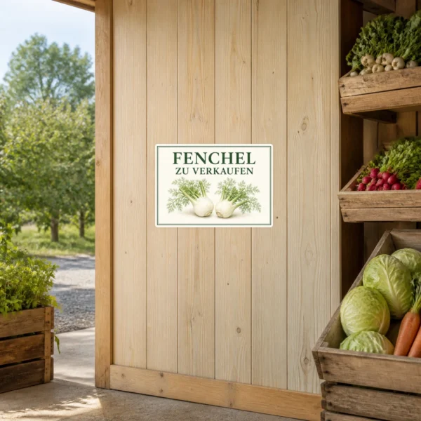KI-generiertes Anwendungsbeispiel: Querformat-Aufkleber mit Fenchel-Motiv und Text „Fenchel zu verkaufen“ in Grün auf Creme.