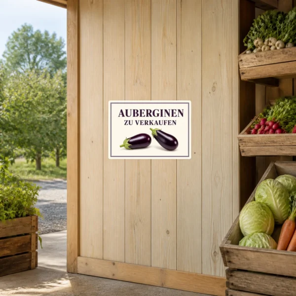KI-generiertes Anwendungsbeispiel: Aufkleber mit „Auberginen zu verkaufen“ und zwei Auberginen für den Gemüseverkauf.