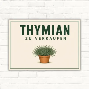 Thymian zu verkaufen Schild mit Topf-Motiv und grünem Text als bedrucktes Verkaufsschild für Kräuter.