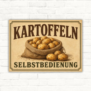 Kartoffeln Selbstbedienung Schild mit Sack voller Kartoffeln und großem Schriftzug für den Verkauf am Hofstand.