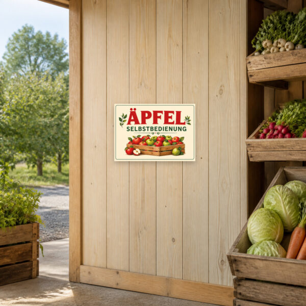 KI-generiertes Anwendungsbeispiel: Querformat-Schild mit ÄPFEL SELBSTBEDIENUNG und Apfelkiste für den Hofverkauf.