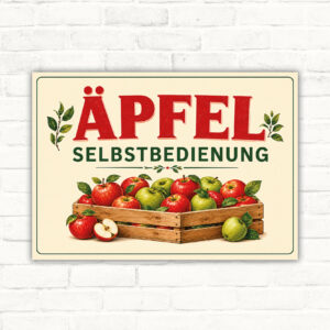 Schild mit ÄPFEL SELBSTBEDIENUNG und Holzkiste voller Äpfel, querformatiges Verkaufsschild für Obstverkauf.