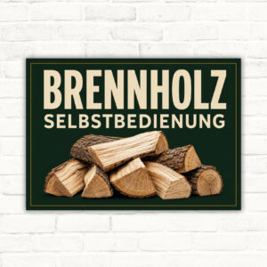 Brennholz Selbstbedienung Schild mit Holzstapel und großem Schriftzug auf dunkelgrünem Hintergrund.