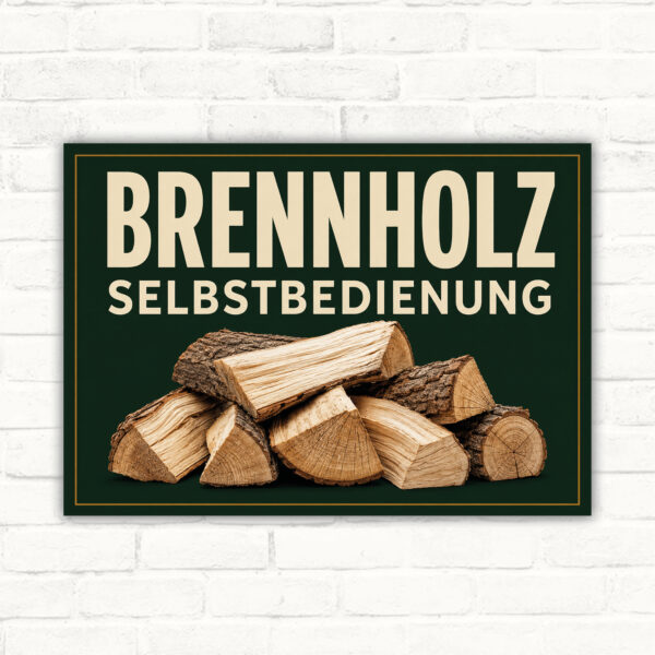 Brennholz Selbstbedienung Schild mit Holzstapel und großem Schriftzug auf dunkelgrünem Hintergrund.