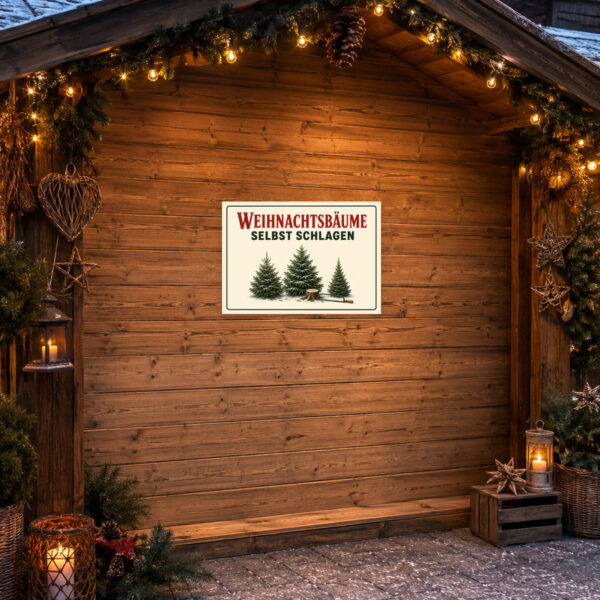 KI-generiertes Anwendungsbeispiel: Schild mit „Weihnachtsbäume selbst schlagen“ für einen saisonalen Weihnachtsbaumverkauf am Waldrand.