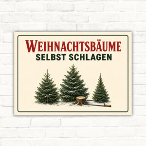 Schild mit Aufschrift „Weihnachtsbäume selbst schlagen“ und Tannenmotiv als Verkaufsschild für den Weihnachtsbaumverkauf.