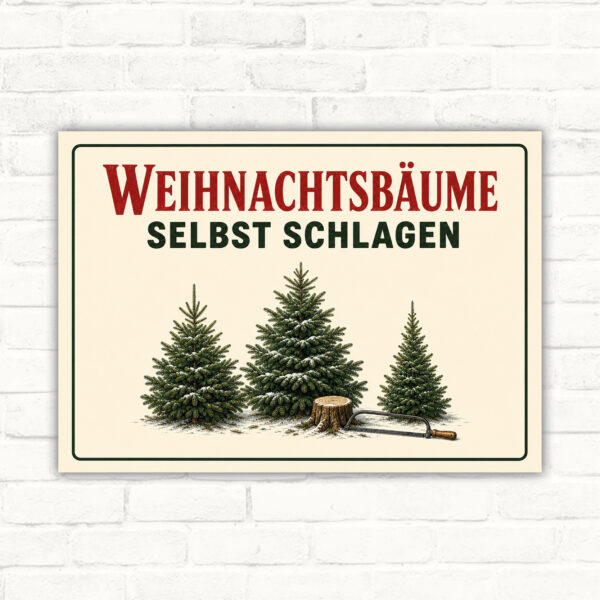 Schild mit Aufschrift „Weihnachtsbäume selbst schlagen“ und Tannenmotiv als Verkaufsschild für den Weihnachtsbaumverkauf.