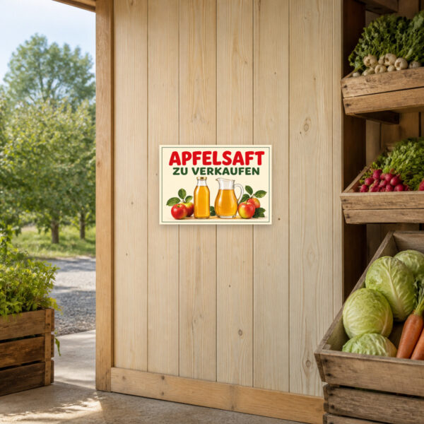 KI-generiertes Anwendungsbeispiel: Apfelsaft zu verkaufen Schild mit Äpfeln, Flasche und Karaffe als querformatiges Verkaufsschild für den Obsthof.