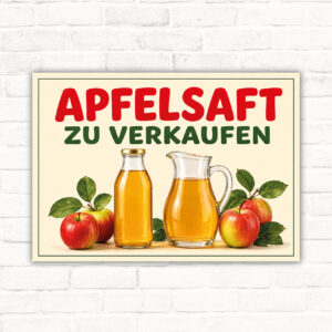 Apfelsaft zu verkaufen Schild mit Äpfeln, Flasche und Karaffe als querformatiges Verkaufsschild für Hofladen oder Verkaufsstand.