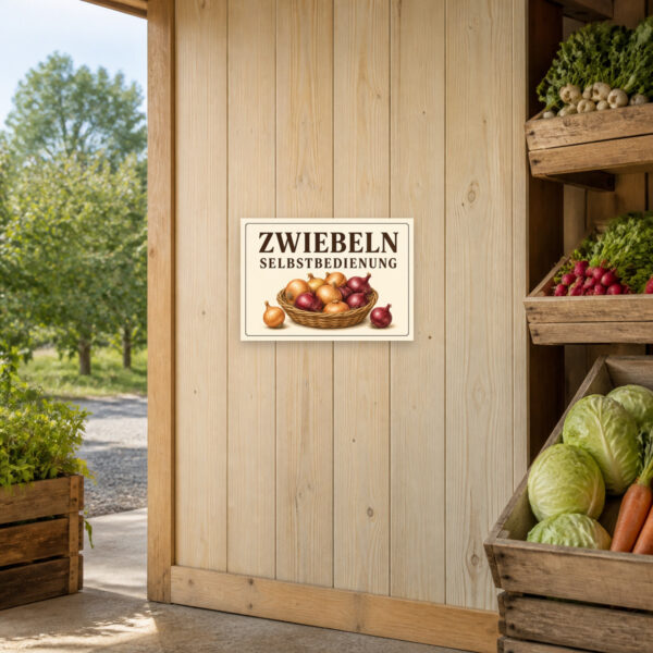 KI-generiertes Anwendungsbeispiel: Zwiebeln Selbstbedienung Schild mit Korb voller Zwiebeln als bedruckte Alu-Verbundplatte für den Hofverkauf.