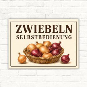 Zwiebeln Selbstbedienung Schild mit Korb und roten sowie gelben Zwiebeln, bedruckte Alu-Verbundplatte für Hofladen.
