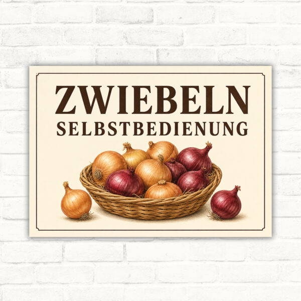 Zwiebeln Selbstbedienung Schild mit Korb und roten sowie gelben Zwiebeln, bedruckte Alu-Verbundplatte für Hofladen.