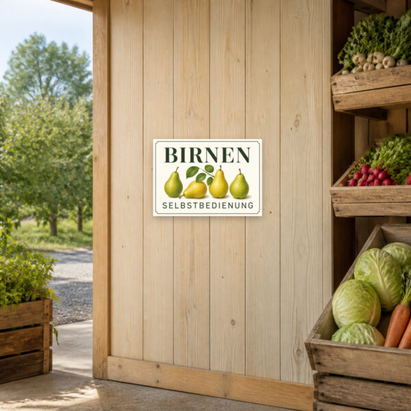 KI-generiertes Anwendungsbeispiel: Birnen Selbstbedienung Schild als Querformat an einem Hofladen mit vier Birnen und dem Text BIRNEN SELBSTBEDIENUNG.