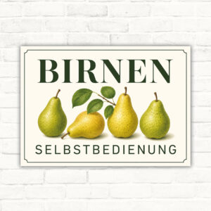 Birnen Selbstbedienung Schild mit vier Birnen und dem Text BIRNEN SELBSTBEDIENUNG als bedrucktes Verkaufsschild im Querformat.
