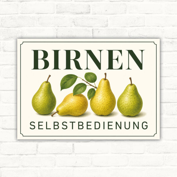 Birnen Selbstbedienung Schild mit vier Birnen und dem Text BIRNEN SELBSTBEDIENUNG als bedrucktes Verkaufsschild im Querformat.