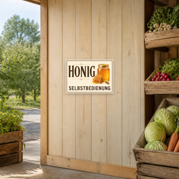 KI-generiertes Anwendungsbeispiel: Honig Selbstbedienung Schild mit Honigglas und Wabe als bedrucktes Verkaufsschild für den Hofverkauf.