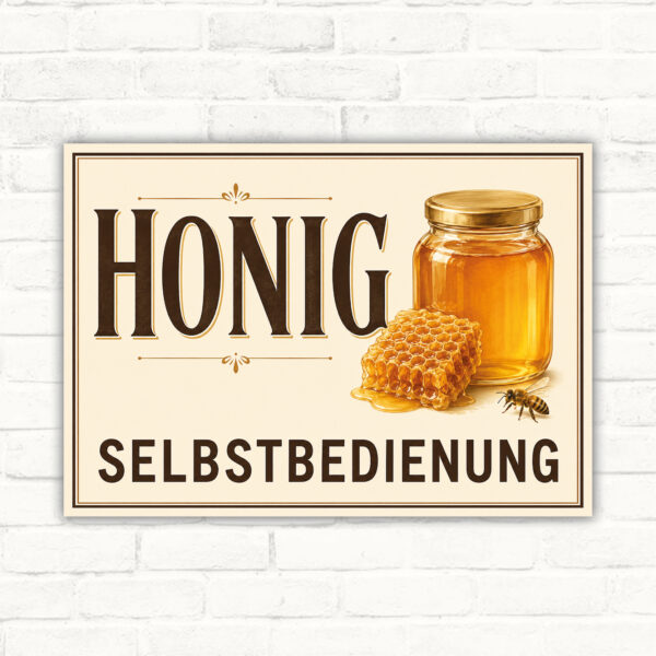Honig Selbstbedienung Schild mit Honigglas, Biene und Wabe als bedrucktes Verkaufsschild für die Imkerei.