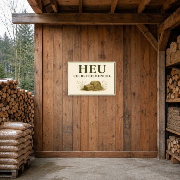 KI-generiertes Anwendungsbeispiel: Heu Selbstbedienung Schild mit Heuballen und Schriftzug HEU SELBSTBEDIENUNG am Hofverkauf.
