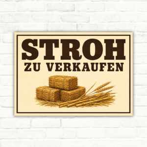 Stroh zu verkaufen Schild mit Strohballen und großer Aufschrift als Querformat für den Hofverkauf.