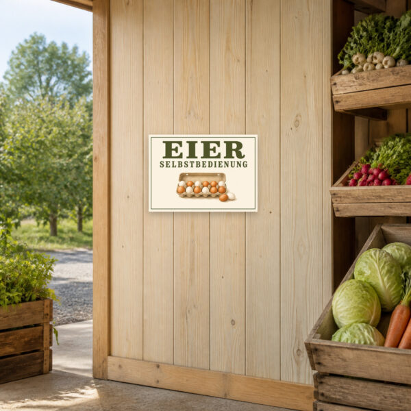 KI-generiertes Anwendungsbeispiel: Eier Selbstbedienung Schild mit Eierkarton als wetterfestes Verkaufsschild am Hofladen.
