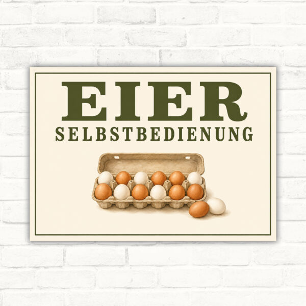 Eier Selbstbedienung Schild mit Eierkarton und großem Schriftzug für den Verkauf ab Hof.