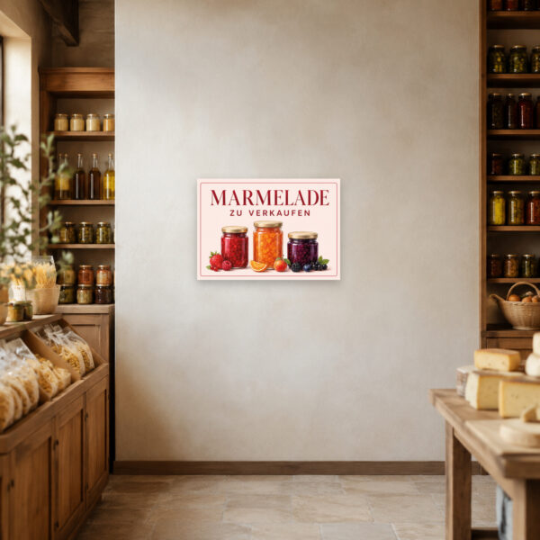 KI-generiertes Anwendungsbeispiel: Marmelade-zu-verkaufen-Schild im Querformat mit drei Gläsern und Früchten für Hofladen oder Marktstand.
