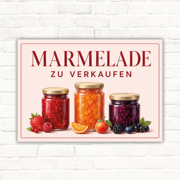 Schild mit der Aufschrift „MARMELADE ZU VERKAUFEN“, drei Marmeladengläsern und Früchten als Verkaufsschild im Querformat.