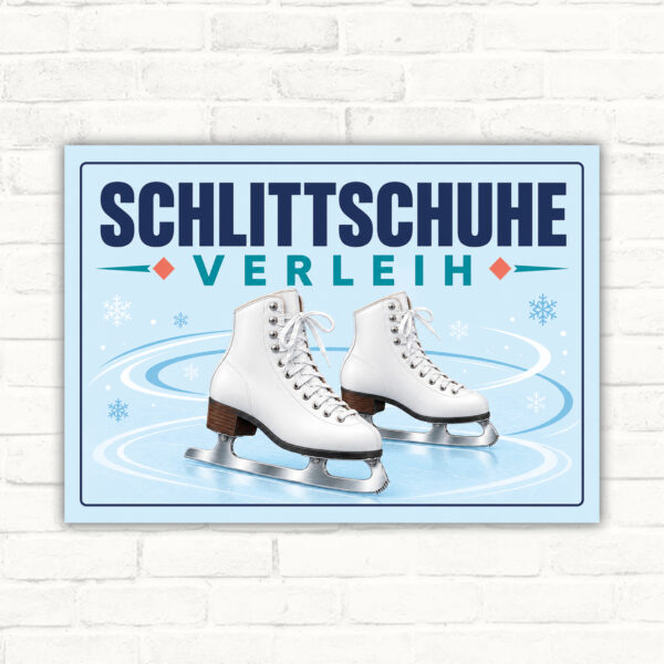 Schlittschuhe Verleih Schild mit gut lesbarem Motiv und klarer Beschriftung als bedrucktes Schild aus Aluminium-Verbundplatte.